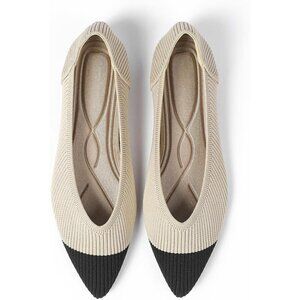 Hapuss Flat Shoes Women Cream Mesh Pointed Toe Knit Ballet Comfortable Shoes